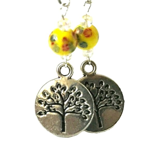 Vintage Tree of Life Murano Art Glass Bead Earrings Yellow Red Silver Plated - Picture 5 of 10